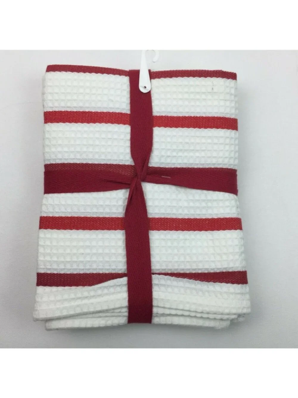 Red & White Waffle Weave Kitchen Dish Towels Set Of 2 Striped Design Gift Ready